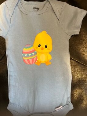 Light Blue Baby Onesie with Yellow Chick & Easter Egg Graphic